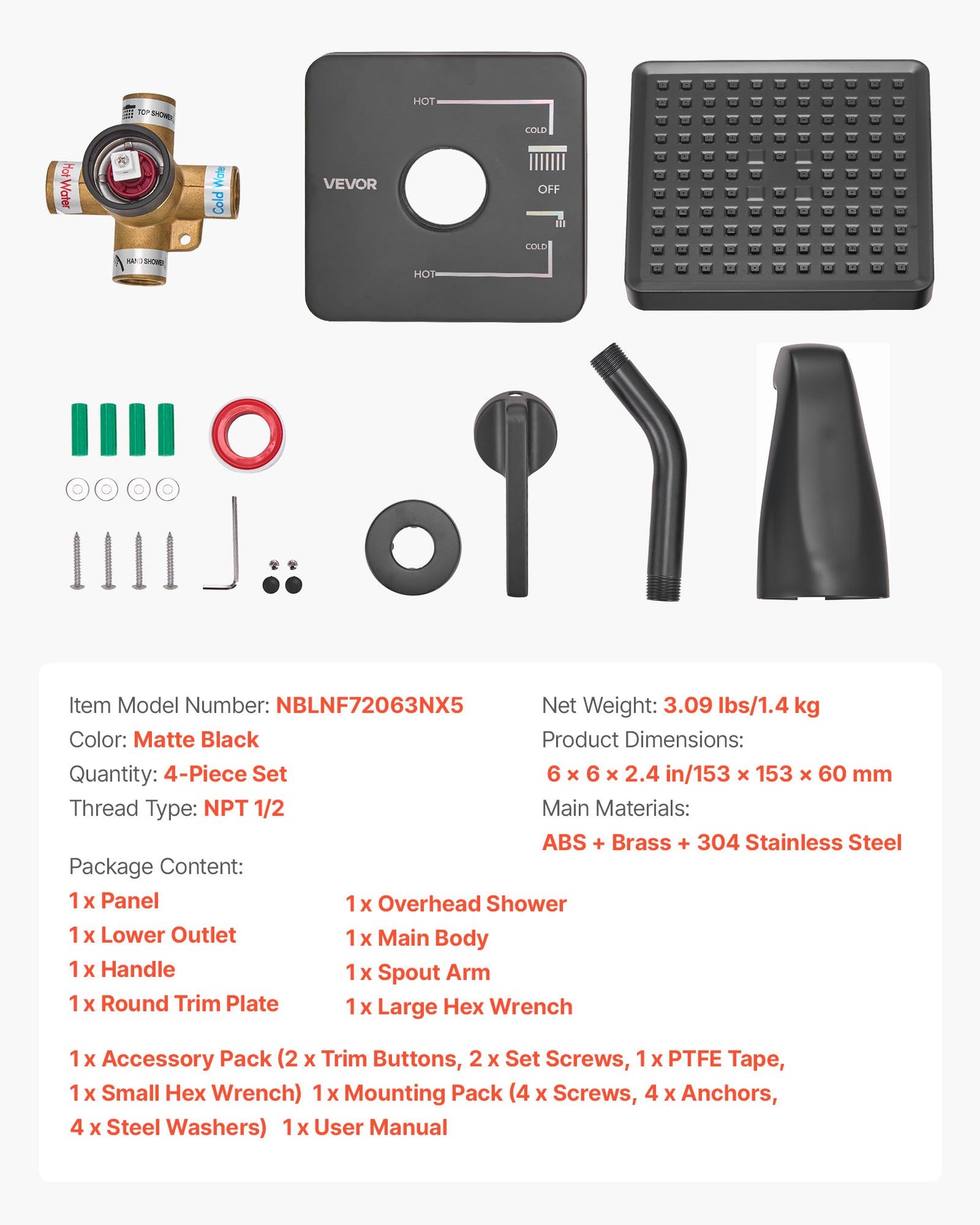 Tub and Shower Faucet Set, Complete with 6-Inch Rainfall Shower Head and Bathtub Spout, Single-Spray Single-Handle Tub Trim Kit with 304 Stainless Steel Valve Trim for Bathrooms, Matte Black