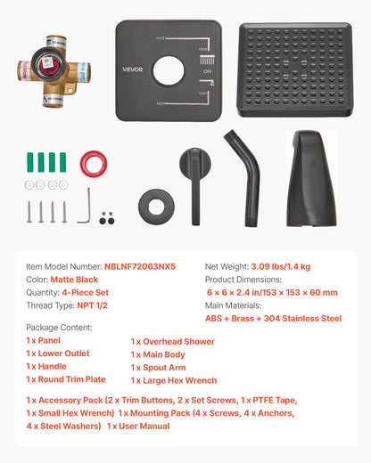 Tub and Shower Faucet Set, Complete with 6-Inch Rainfall Shower Head and Bathtub Spout, Single-Spray Single-Handle Tub Trim Kit with 304 Stainless Steel Valve Trim for Bathrooms, Matte Black