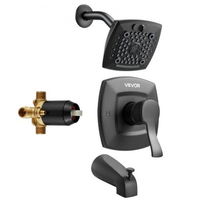Tub and Shower Faucet Set, Complete with 5.1-Inch Rainfall Shower Head and Bathtub Spout, 5-Setting Adjustable Spray, Single-Handle Tub Trim Kit with Brass Pressure Balancing Valve, Matte Black