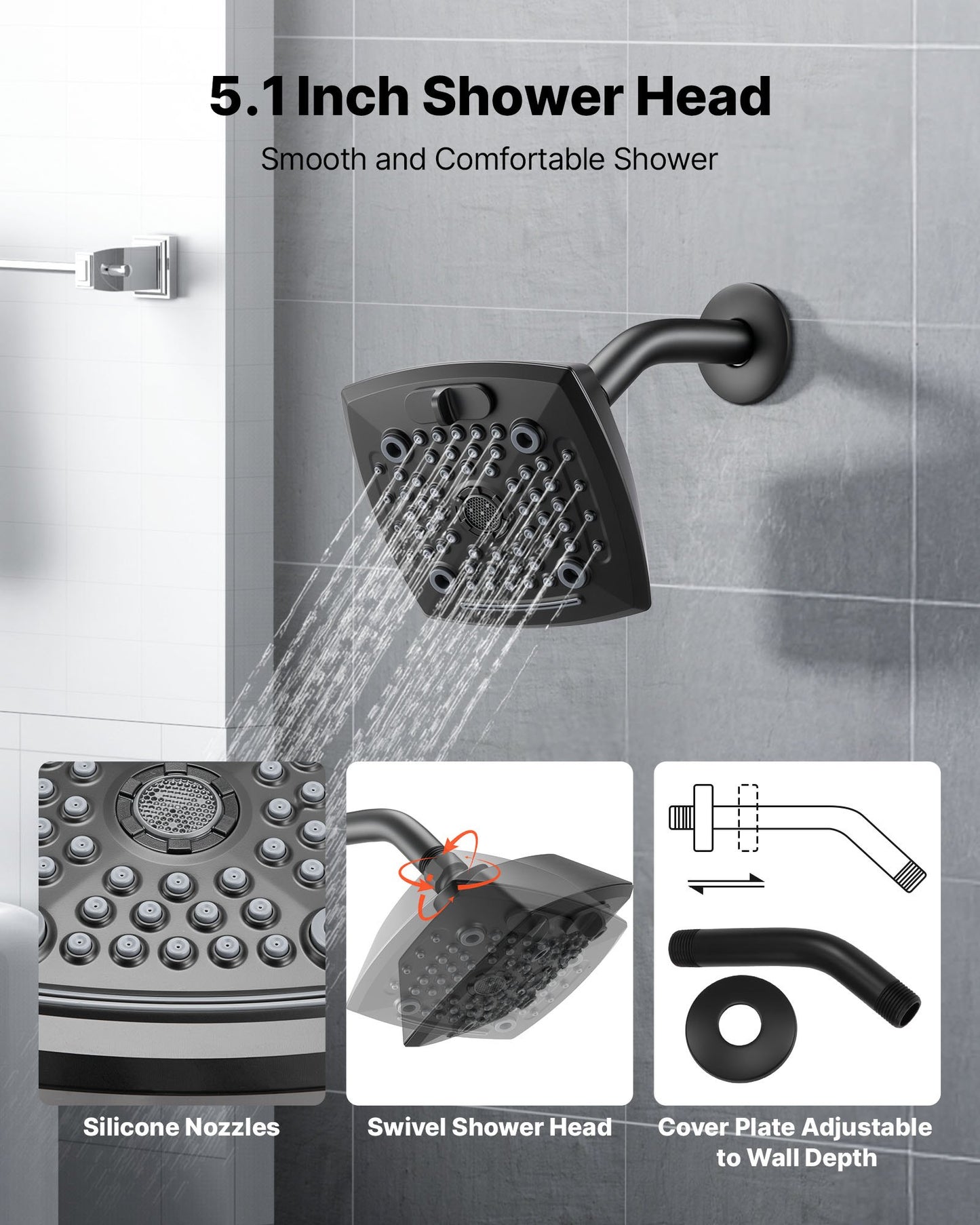 Tub and Shower Faucet Set, Complete with 5.1-Inch Rainfall Shower Head and Bathtub Spout, 5-Setting Adjustable Spray, Single-Handle Tub Trim Kit with Brass Pressure Balancing Valve, Matte Black