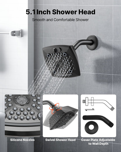 Tub and Shower Faucet Set, Complete with 5.1-Inch Rainfall Shower Head and Bathtub Spout, 5-Setting Adjustable Spray, Single-Handle Tub Trim Kit with Brass Pressure Balancing Valve, Matte Black