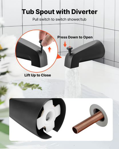 Tub and Shower Faucet Set, Complete with 5.1-Inch Rainfall Shower Head and Bathtub Spout, 5-Setting Adjustable Spray, Single-Handle Tub Trim Kit with Brass Pressure Balancing Valve, Matte Black