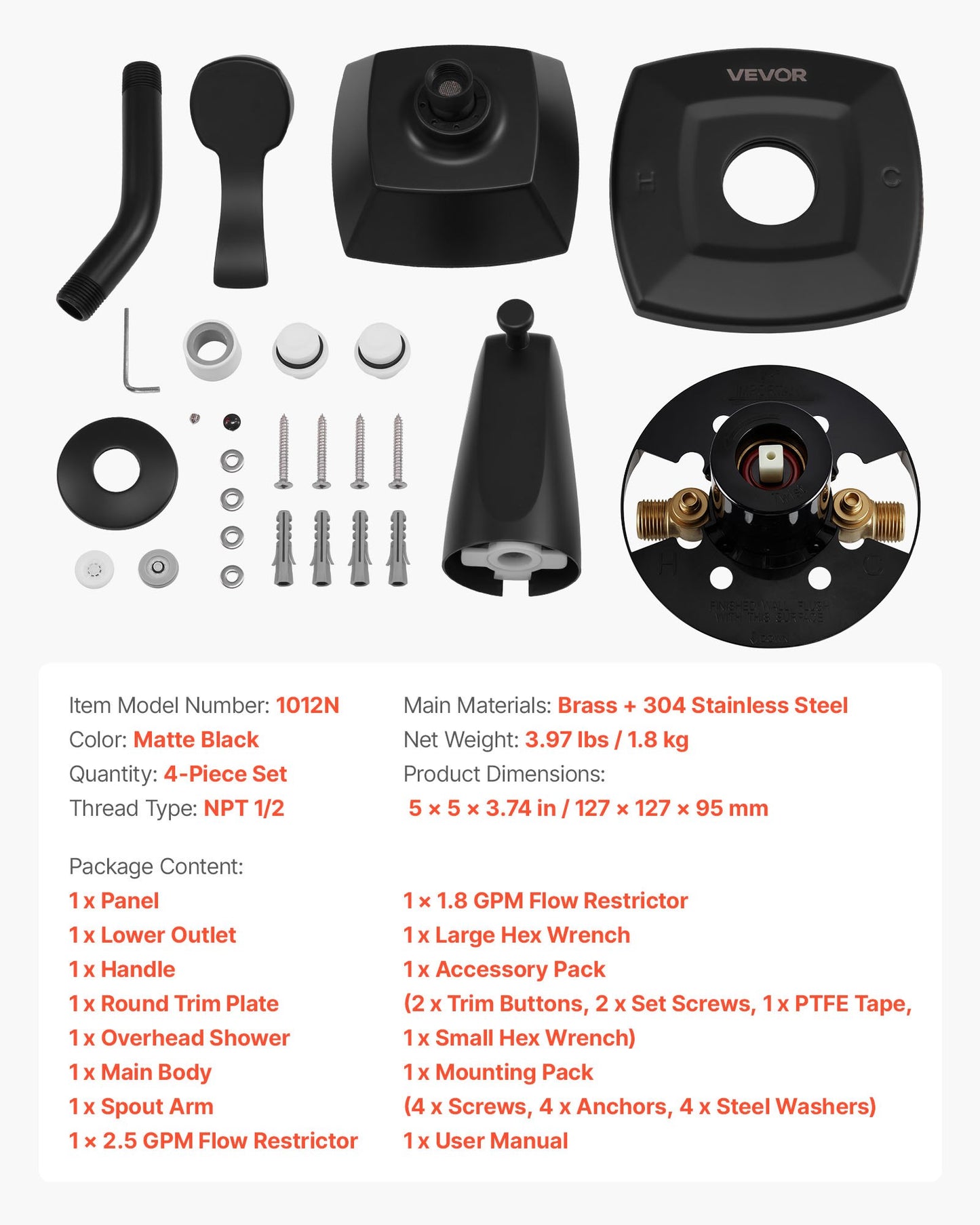 Tub and Shower Faucet Set, Complete with 5.1-Inch Rainfall Shower Head and Bathtub Spout, 5-Setting Adjustable Spray, Single-Handle Tub Trim Kit with Brass Pressure Balancing Valve, Matte Black