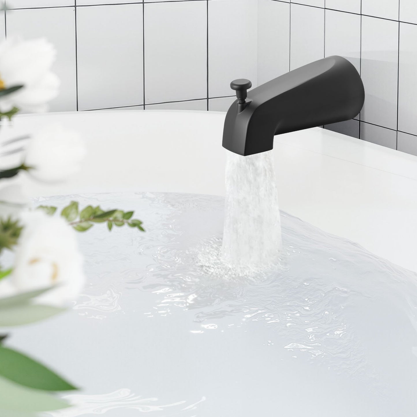 Tub and Shower Faucet Set, Complete with 5.1-Inch Rainfall Shower Head and Bathtub Spout, 5-Setting Adjustable Spray, Single-Handle Tub Trim Kit with Brass Pressure Balancing Valve, Matte Black