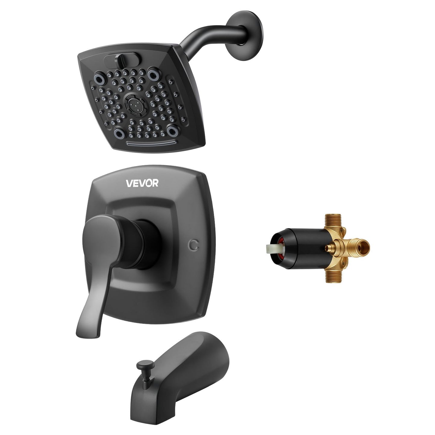 Tub and Shower Faucet Set, Complete with 5.1-Inch Rainfall Shower Head and Bathtub Spout, 5-Setting Adjustable Spray, Single-Handle Tub Trim Kit with Brass Pressure Balancing Valve, Matte Black