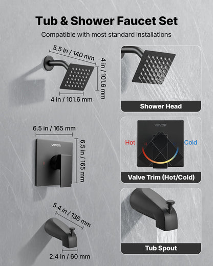 Tub and Shower Faucet Set, Complete with 4-Inch Rainfall Shower Head and Bathtub Spout, Single-Spray Single-Handle Tub Trim Kit with 304 Stainless Steel Valve Trim for Bathrooms, Matte Black
