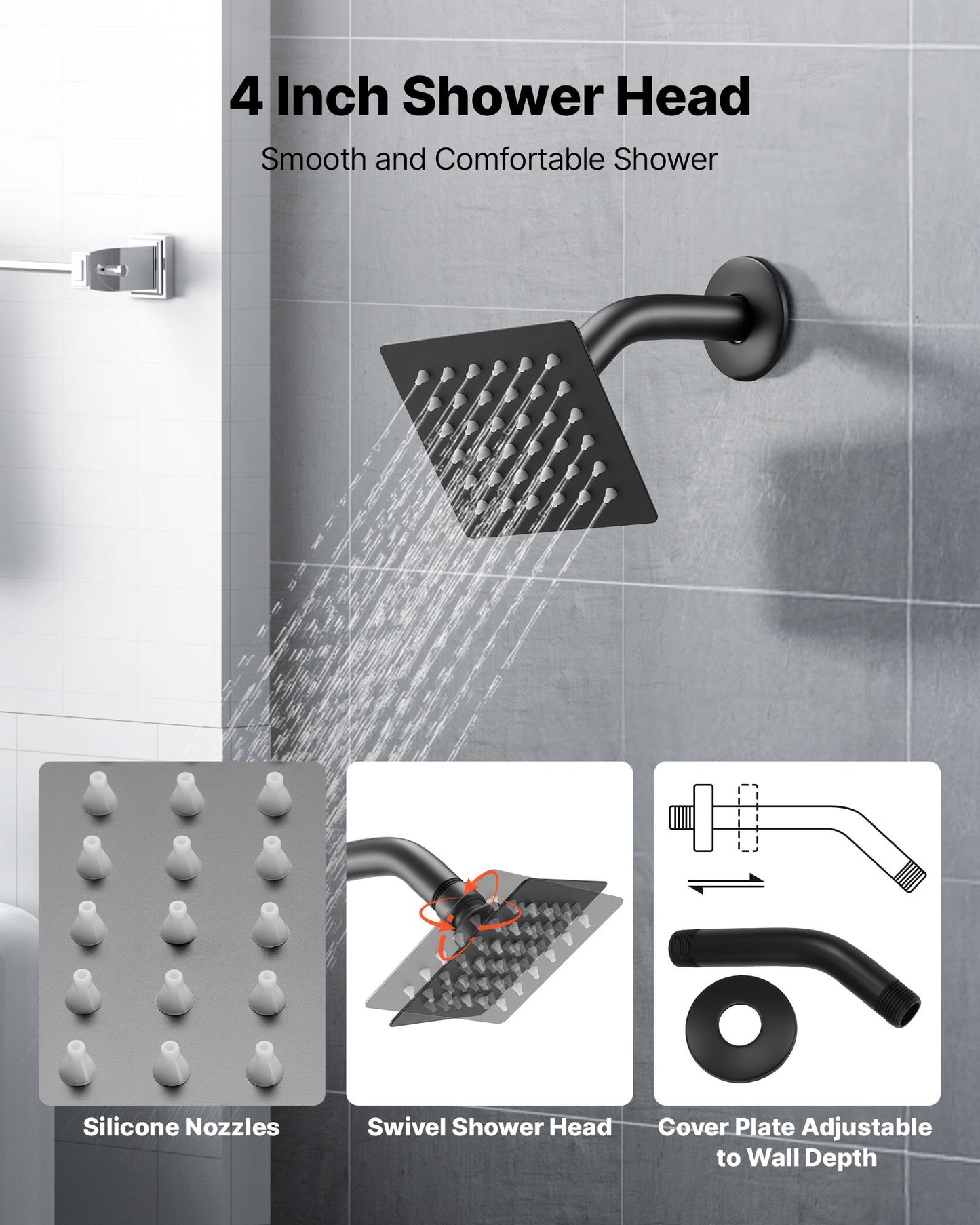 Tub and Shower Faucet Set, Complete with 4-Inch Rainfall Shower Head and Bathtub Spout, Single-Spray Single-Handle Tub Trim Kit with 304 Stainless Steel Valve Trim for Bathrooms, Matte Black