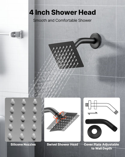 Tub and Shower Faucet Set, Complete with 4-Inch Rainfall Shower Head and Bathtub Spout, Single-Spray Single-Handle Tub Trim Kit with 304 Stainless Steel Valve Trim for Bathrooms, Matte Black
