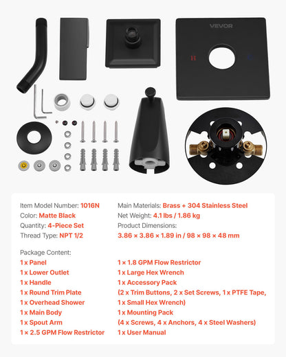 Tub and Shower Faucet Set, Complete with 4-Inch Rainfall Shower Head and Bathtub Spout, Single-Spray Single-Handle Tub Trim Kit with 304 Stainless Steel Valve Trim for Bathrooms, Matte Black