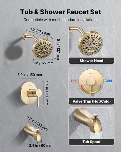 Tub and Shower Faucet Set, Complete with 5-Inch Rainfall Shower Head and Bathtub Spout, 8-Setting Adjustable Spray, Single-Handle Tub Trim Kit with Brass Pressure Balancing Valve, Gold Finish