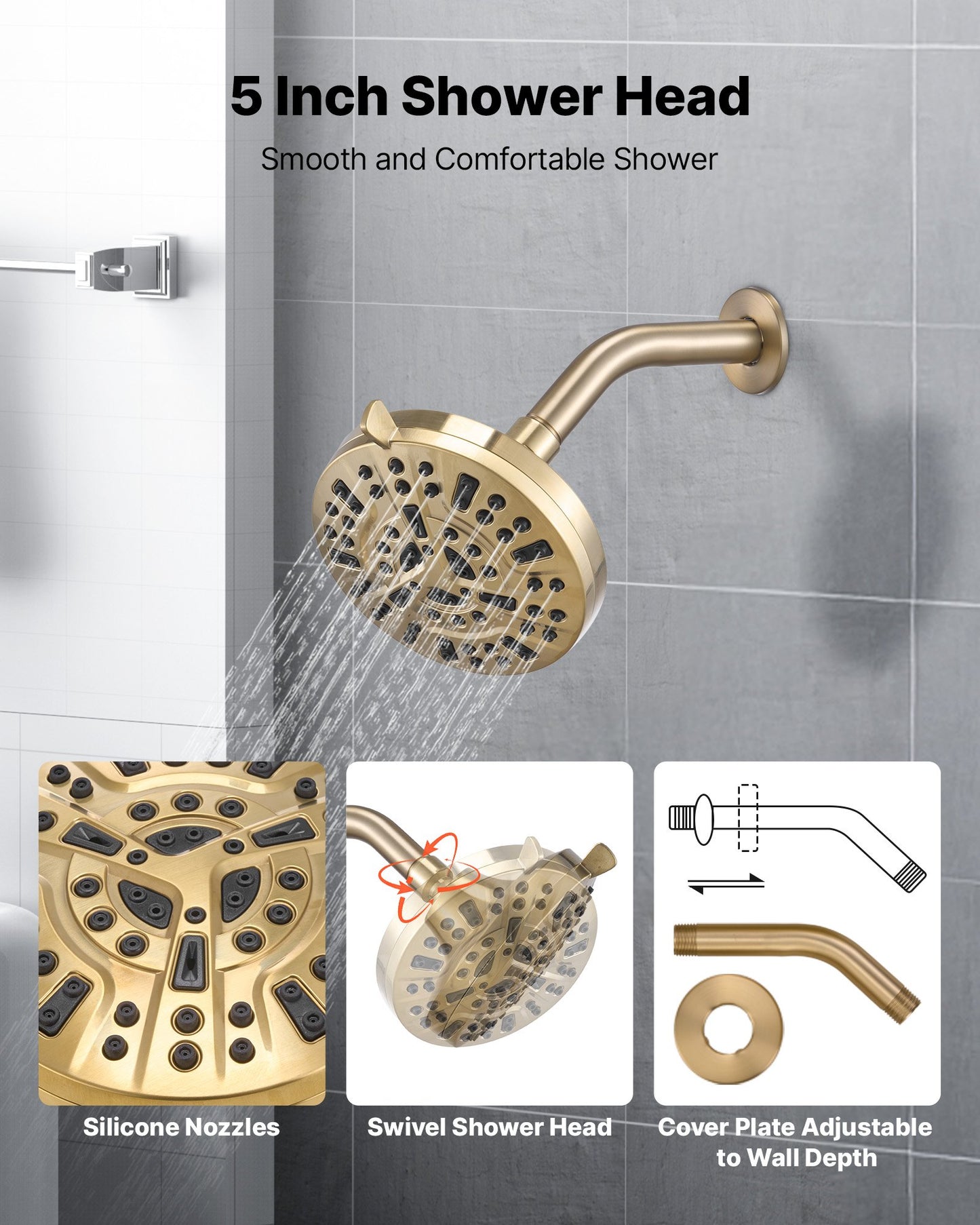 Tub and Shower Faucet Set, Complete with 5-Inch Rainfall Shower Head and Bathtub Spout, 8-Setting Adjustable Spray, Single-Handle Tub Trim Kit with Brass Pressure Balancing Valve, Gold Finish