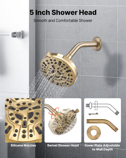 Tub and Shower Faucet Set, Complete with 5-Inch Rainfall Shower Head and Bathtub Spout, 8-Setting Adjustable Spray, Single-Handle Tub Trim Kit with Brass Pressure Balancing Valve, Gold Finish
