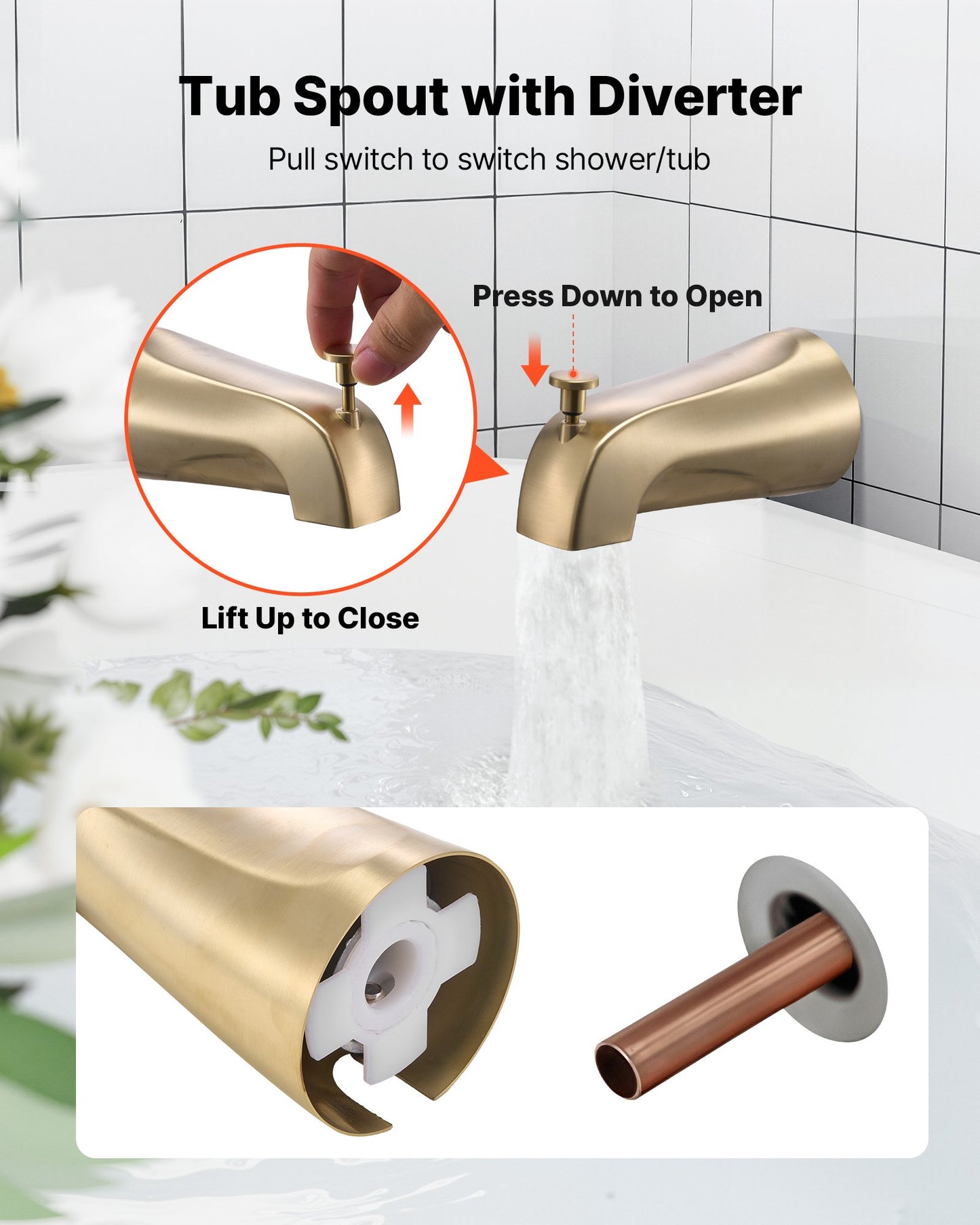 Tub and Shower Faucet Set, Complete with 5-Inch Rainfall Shower Head and Bathtub Spout, 8-Setting Adjustable Spray, Single-Handle Tub Trim Kit with Brass Pressure Balancing Valve, Gold Finish