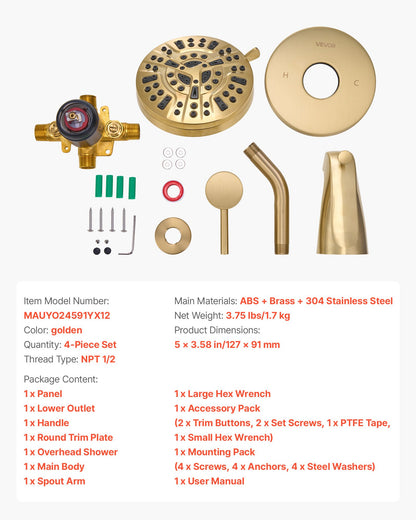 Tub and Shower Faucet Set, Complete with 5-Inch Rainfall Shower Head and Bathtub Spout, 8-Setting Adjustable Spray, Single-Handle Tub Trim Kit with Brass Pressure Balancing Valve, Gold Finish