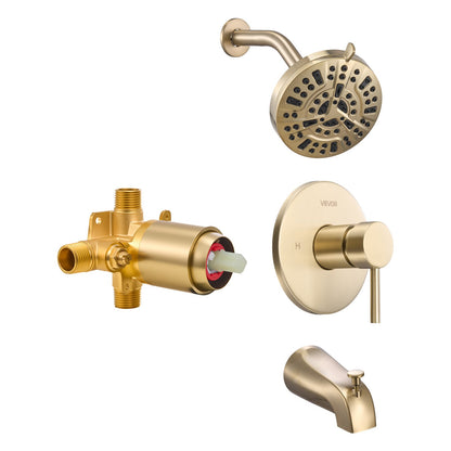 Tub and Shower Faucet Set, Complete with 5-Inch Rainfall Shower Head and Bathtub Spout, 8-Setting Adjustable Spray, Single-Handle Tub Trim Kit with Brass Pressure Balancing Valve, Gold Finish