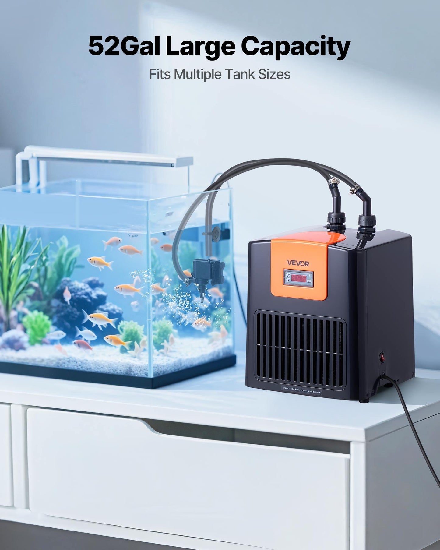 Aquarium Chiller 52 Gallon, 1/10 HP Water Chiller for Hydroponics, Fast Cooling for Fish Tank,Axolotl,Coral Reef,Quiet Refrigeration Compressor, Titanium Evaporator,Complete Fittings