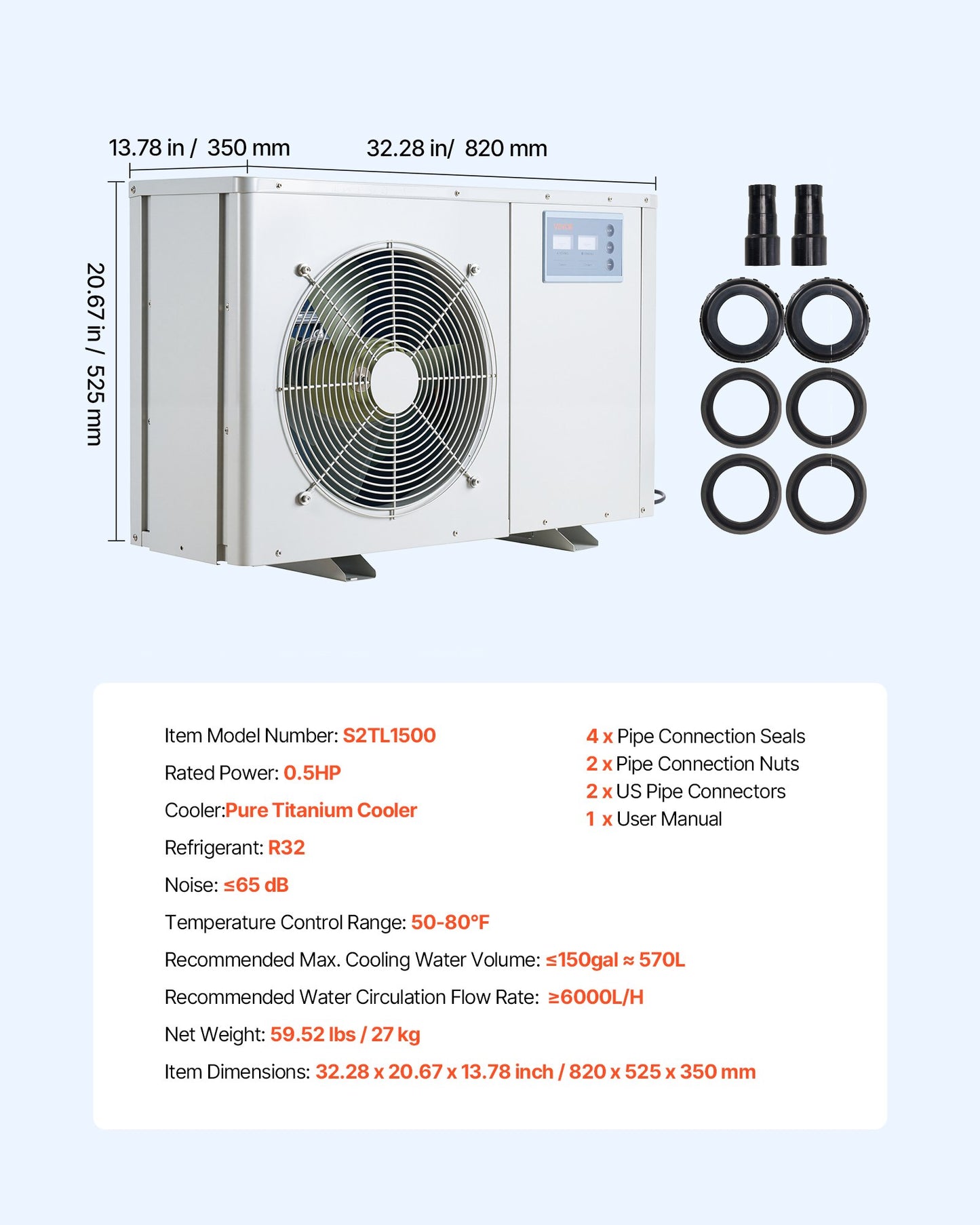 Aquarium Chiller 150 Gallon, 1/2 HP Water Chiller for Hydroponics, Fast Cooling for Fish Tank,Axolotl,Coral Reef,Quiet Refrigeration Compressor, Titanium Evaporator,Complete Fittings