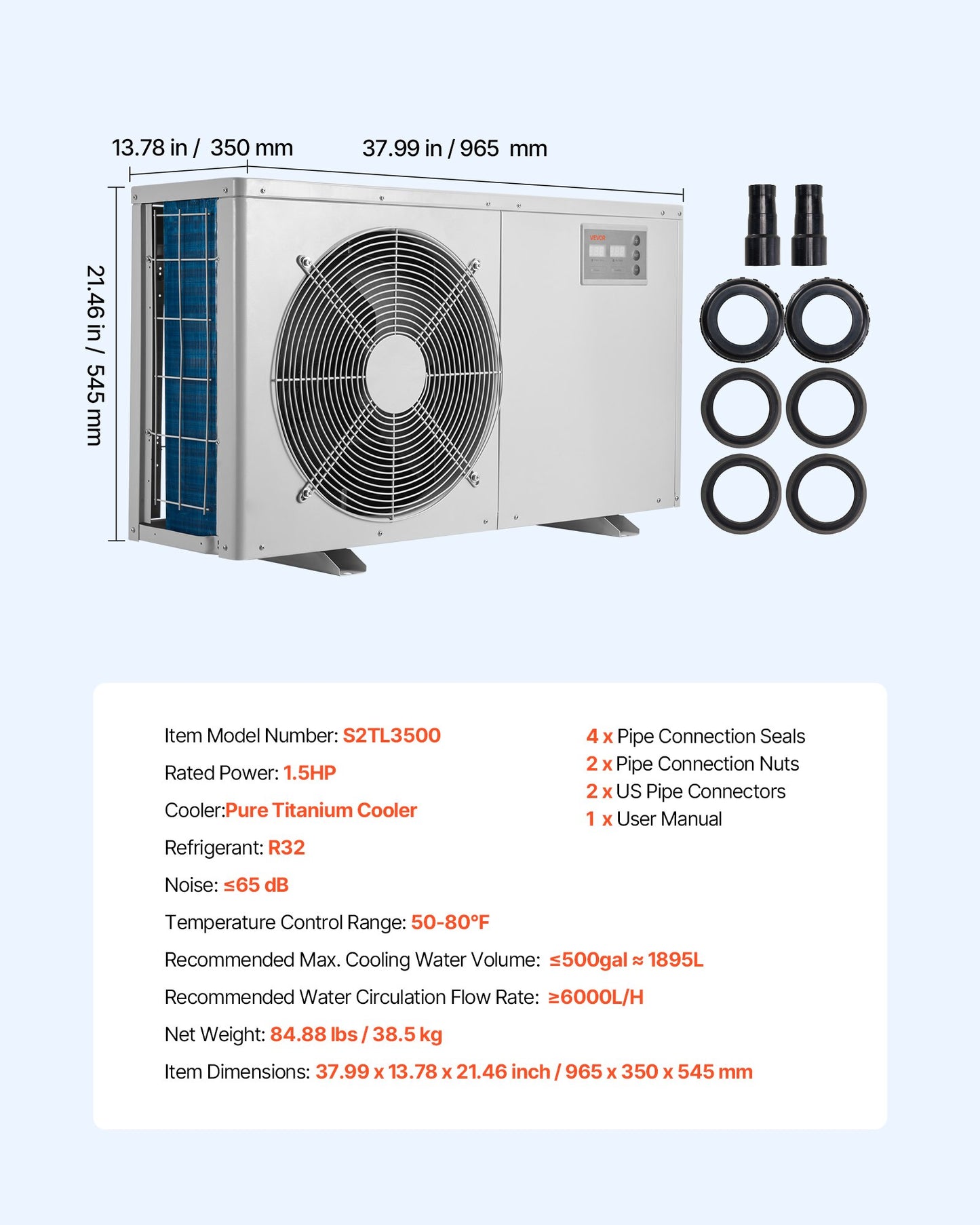 Aquarium Chiller 500 Gallon, 1-1/2 HP Water Chiller for Hydroponics, Fast Cooling for Fish Tank,Axolotl,Coral Reef,Quiet Refrigeration Compressor, Titanium Evaporator,Complete Fittings