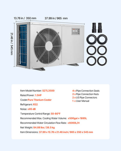 Aquarium Chiller 500 Gallon, 1-1/2 HP Water Chiller for Hydroponics, Fast Cooling for Fish Tank,Axolotl,Coral Reef,Quiet Refrigeration Compressor, Titanium Evaporator,Complete Fittings