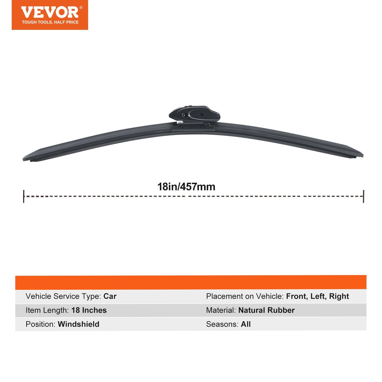 18" Rubber Wiper Blades, 46 cm Universal Replacement Wind Shield Wiper, Low Noise & Better Fit, with 4 Different Clips for most Car, Easy Installation