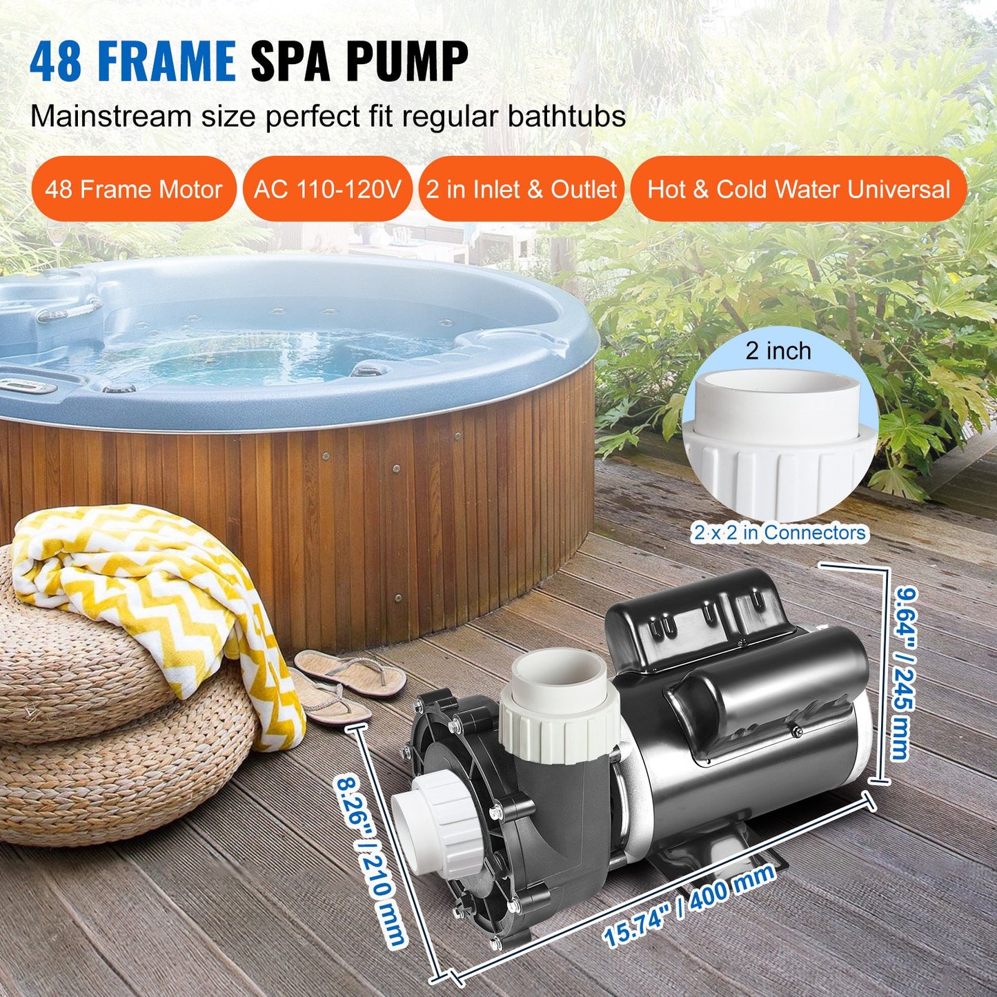 2 Speed SPA Pump, 48-Frame, AC 110-120V Hot Tub SPA Pump, 1.5HP/150GPM/42.65ft High Speed or 0.46HP/70GPM/9.18ft Low Speed, 2" Port 90° Rotational Interface for Hot Tub, Tested to UL Standards