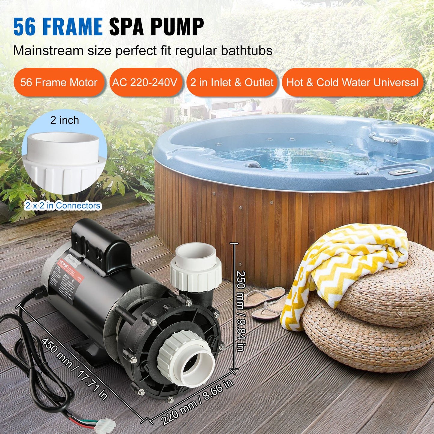 2 Speed SPA Pump, 56-Frame, AC220-240V Hot Tub SPA Pump, 3HP/200GPM/65.61ft High Speed or 0.4HP/100GPM/16.07ft Low Speed, 2" Port 90° Rotational Interface for Hot Tub, Tested to UL Standards