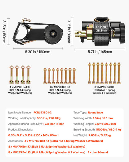 Ladder Rack Ratchet Straps, 1.87-2 in Black Round Tube Mount, 1.5 in Wide x 7.4 ft Long Black Ladder Rack Straps with Double J-Hooks, 500 lbs Load Heavy Duty, Cargo Buckle Lock Strap (2 Pack)