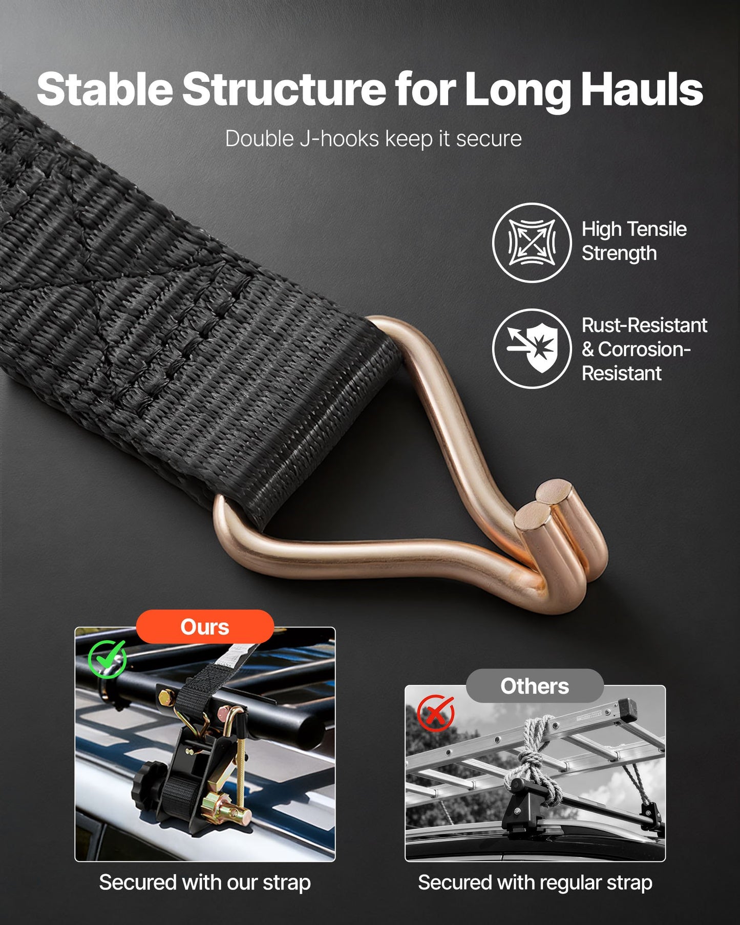 Ladder Rack Ratchet Straps, 1.87-2 in Black Round Tube Mount, 1.5 in Wide x 7.4 ft Long Black Ladder Rack Straps with Double J-Hooks, 500 lbs Load Heavy Duty, Cargo Buckle Lock Strap (4 Pack)