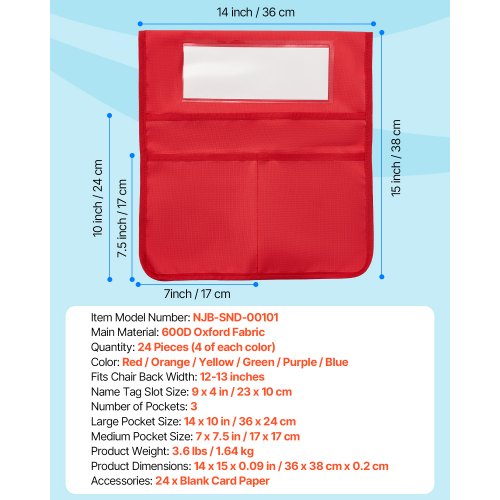 Stolfickor för klassrum 24-pack sittfickor med namnbricka flerfärgad