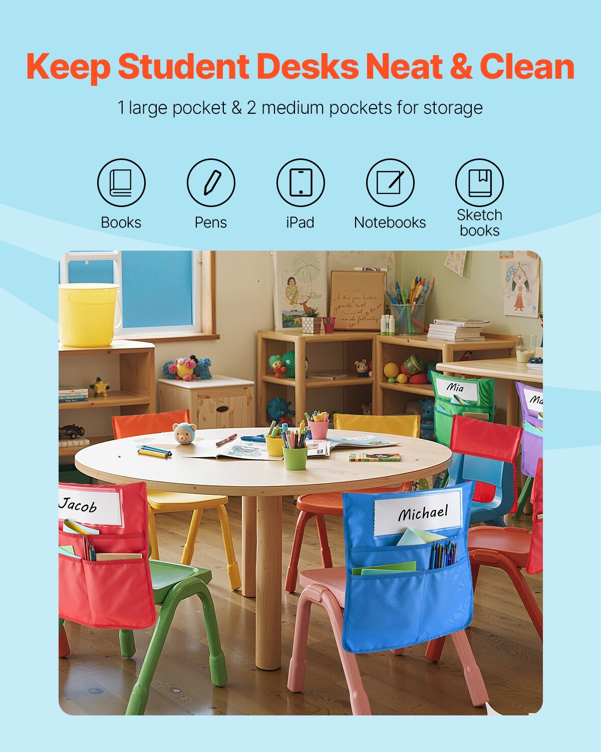Chair Pockets for Classroom, 12 Pack, 17 x 19 Inches Chairback Buddy Pocket with Name Tag, 6 Bright Colors, Back of Chair Organizer for Kids in Classroom, Kindergarten, School, and Home