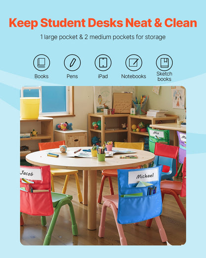 Chair Pockets for Classroom, 12 Pack, 17 x 19 Inches Chairback Buddy Pocket with Name Tag, 6 Bright Colors, Back of Chair Organizer for Kids in Classroom, Kindergarten, School, and Home