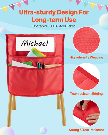 Chair Pockets for Classroom, 12 Pack, 17 x 19 Inches Chairback Buddy Pocket with Name Tag, 6 Bright Colors, Back of Chair Organizer for Kids in Classroom, Kindergarten, School, and Home