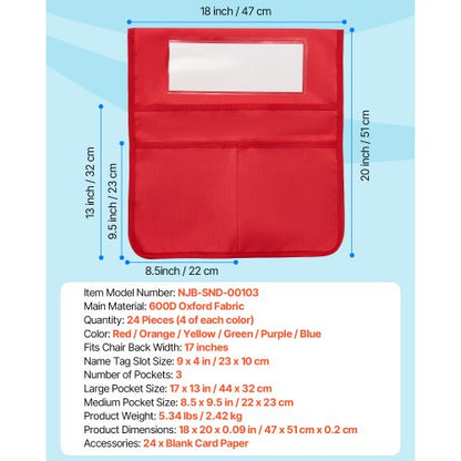 Stolfickor för klassrum 24-pack sittfickor med namnskylt 6 färger