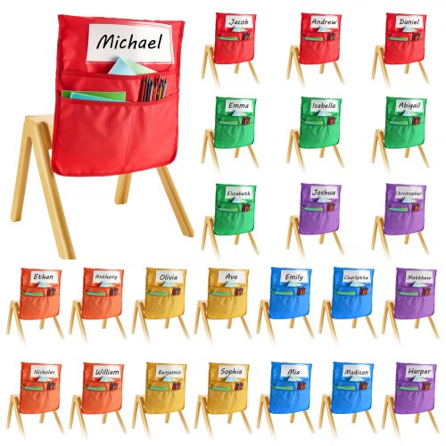 Chair Pockets for Classroom, 24 Pack, 18 x 20 Inches Chairback Buddy Pocket with Name Tag, 6 Bright Colors, Back of Chair Organizer for Kids in Classroom, Kindergarten, School, and Home