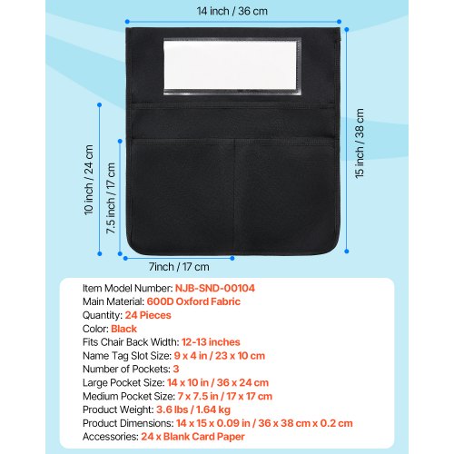 Stuhltaschen für Klassenräume 24er-Pack Sitztaschen mit Namensschild Schwarz
