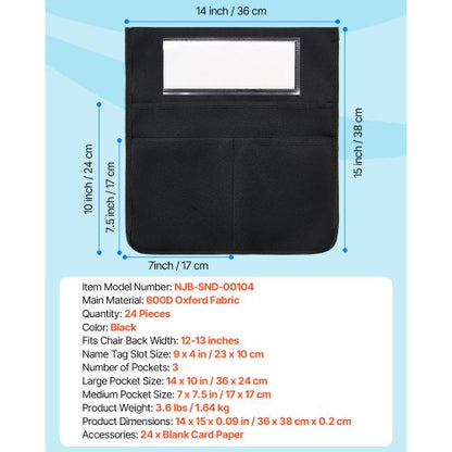 Stuhltaschen für Klassenräume 24er-Pack Sitztaschen mit Namensschild Schwarz