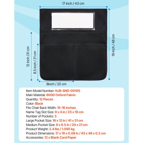 Stolfickor för klassrum 12-pack sittficka med namnskylt svart