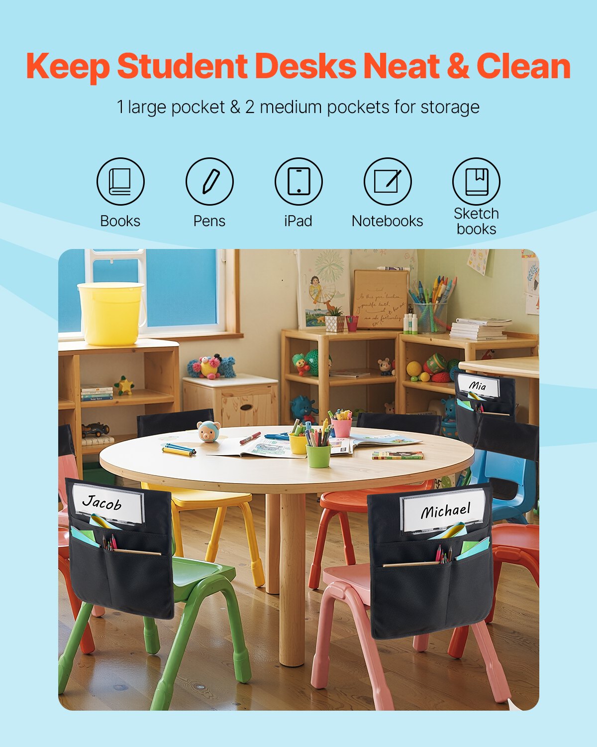 Chair Pockets for Classroom, 12 Pack, 17 x 19 Inches Chairback Buddy Pocket with Name Tag, Back of Chair Organizer for Kids in Classroom, Kindergarten, School, and Home, Black