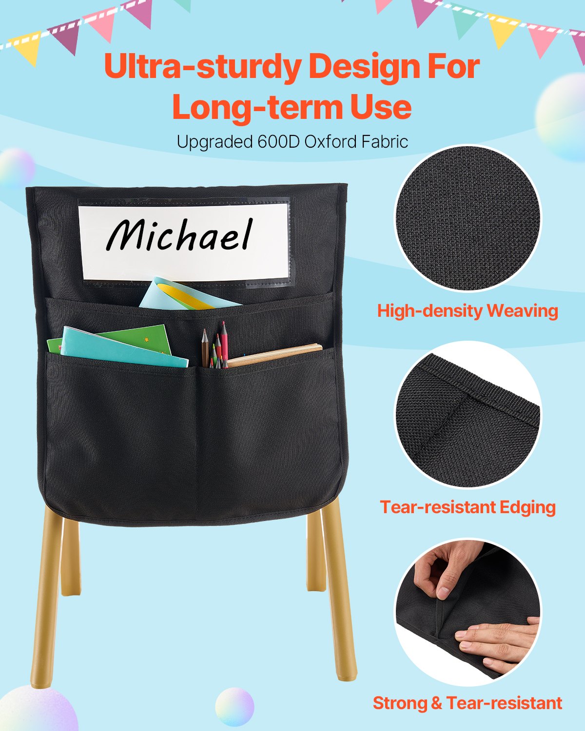Chair Pockets for Classroom, 12 Pack, 17 x 19 Inches Chairback Buddy Pocket with Name Tag, Back of Chair Organizer for Kids in Classroom, Kindergarten, School, and Home, Black