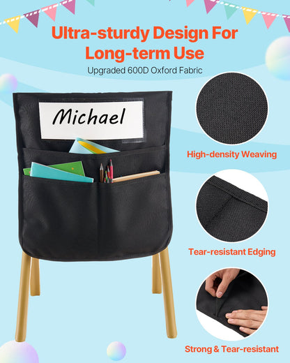 Chair Pockets for Classroom, 12 Pack, 17 x 19 Inches Chairback Buddy Pocket with Name Tag, Back of Chair Organizer for Kids in Classroom, Kindergarten, School, and Home, Black