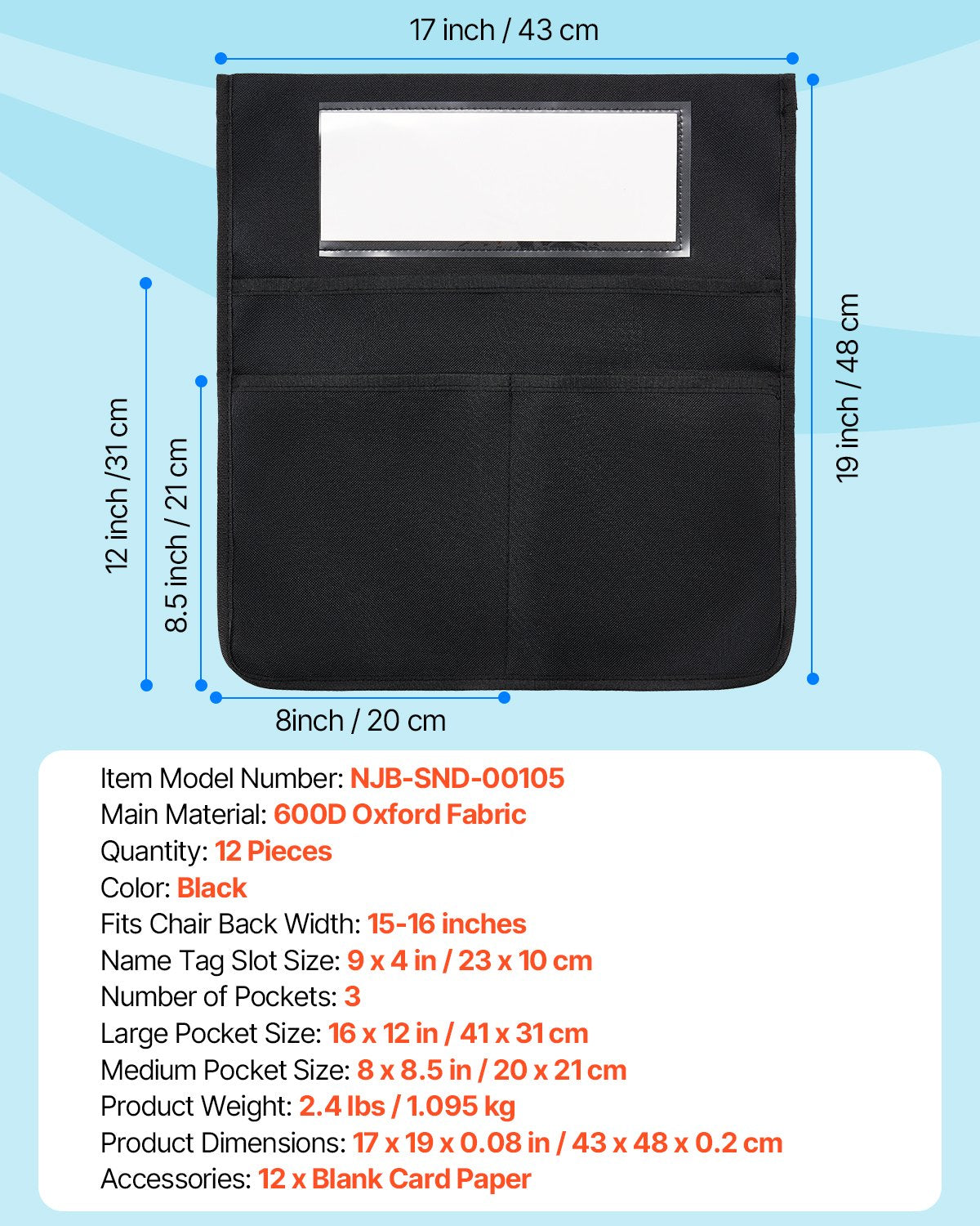 Chair Pockets for Classroom, 12 Pack, 17 x 19 Inches Chairback Buddy Pocket with Name Tag, Back of Chair Organizer for Kids in Classroom, Kindergarten, School, and Home, Black