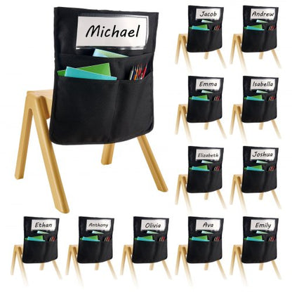 Chair Pockets for Classroom, 12 Pack, 18 x 20 Inches Chairback Buddy Pocket with Name Tag, Back of Chair Organizer for Kids in Classroom, Kindergarten, School, and Home, Black