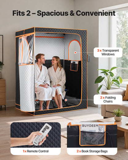 2 Person Portable Infrared Sauna for Home, Upgraded Full Body Home Spa Tent with 2 Foldable Chairs & Heated Mat & Remote,9-Level Temp Control Sauna Box for Relaxation & Stress Relief, (Black)