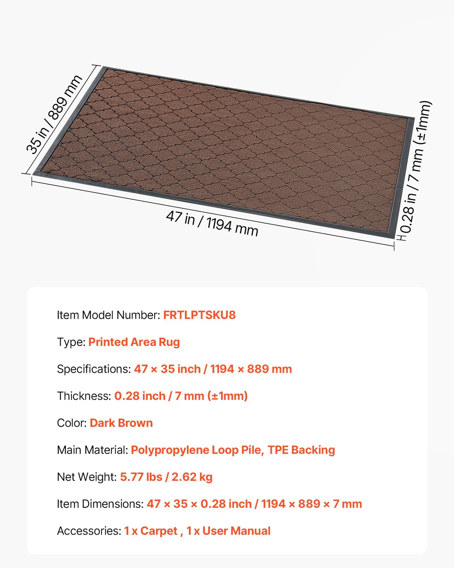 Front Door Mat, 47 x 35 in Commercial Floor Mat for Indoor and Outdoor, Modern Stylish Carpet with TPE Backing, Heavy Duty Washable Entry Industrial Rug for Hallway, Balcony, Garage, Brown