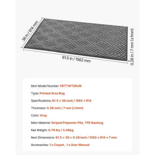 ytterdörrsmatta, 1562 x 914 mm kommersiell golvmatta för inomhus och utomhus, modern snygg heltäckningsmatta med TPE-baksida, kraftig tvättbar industriell entrématta för hall, balkong, garage, grå |  EU