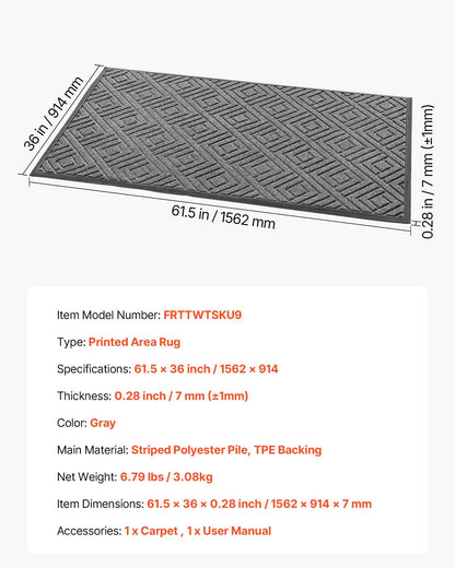 Front Door Mat, 61.5 x 36 in Commercial Floor Mat for Indoor and Outdoor, Modern Stylish Carpet with TPE Backing, Heavy Duty Washable Entry Industrial Rug for Hallway, Balcony, Garage, Grey