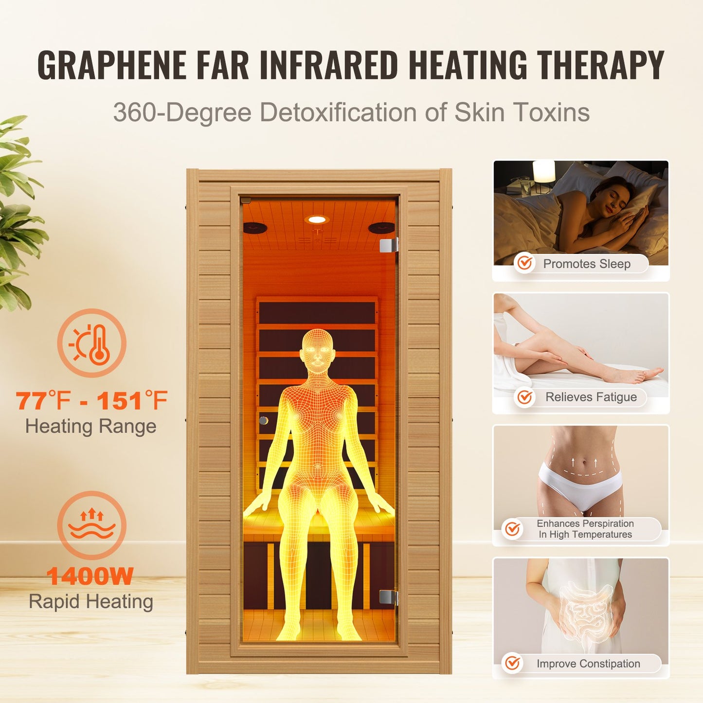 Far Infrared Wooden Sauna Room Home Spa for 1 to 2 Person 1400W