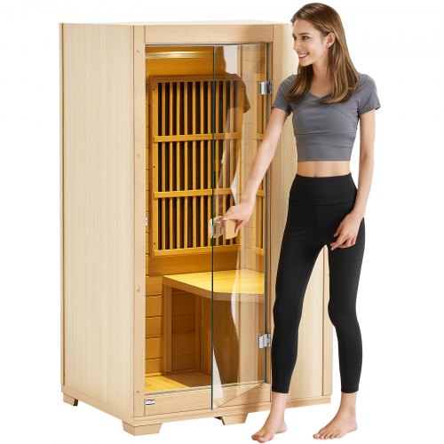 Far Infrared Wooden Sauna, Room Home Sauna Spa for One Single Person, Low EMF Far Infrared Hemlock Wood Sauna with Tempered Glass Door & LED Reading Lamp & Bluetooth Speakers, 1140W Indoor Use