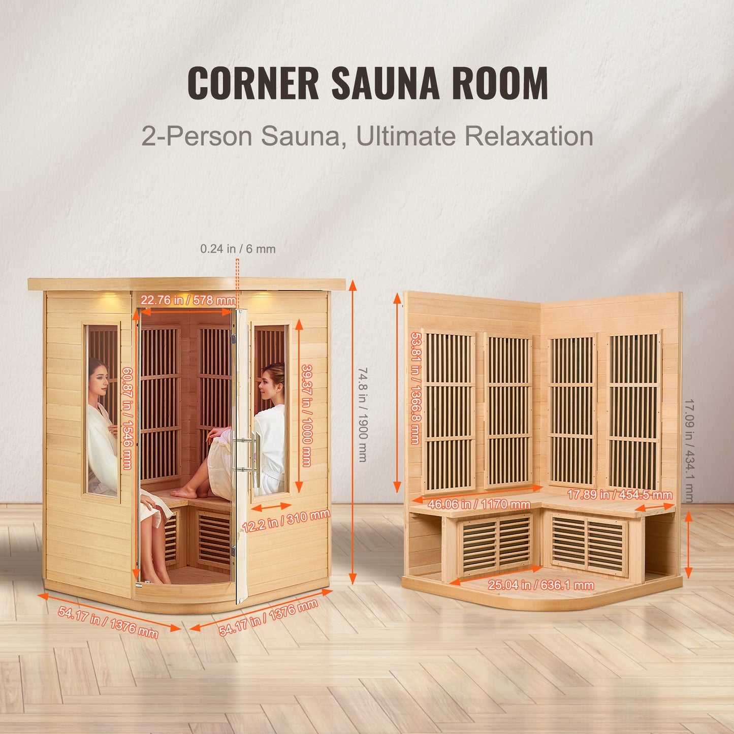 Far Infrared Wooden Sauna Room Home Sauna Spa for 2 Person 1850W