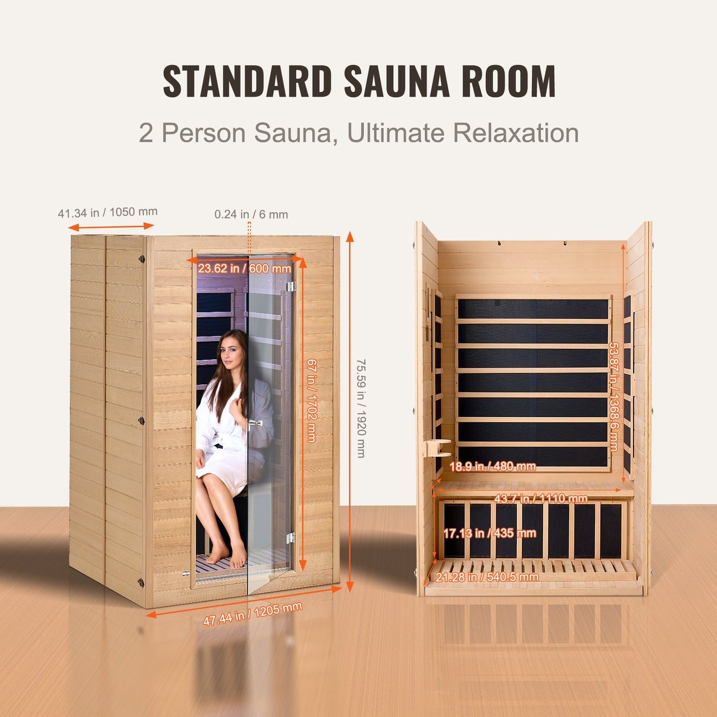 Far Infrared Wooden Sauna Room Home Sauna Spa for 2 Person 1800W